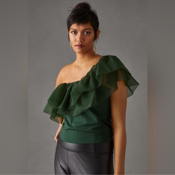 Anthropologie Sunday in Brooklyn Forest Green Asymmetrical Tulle Ruffle Top M - Picture 1 of 13